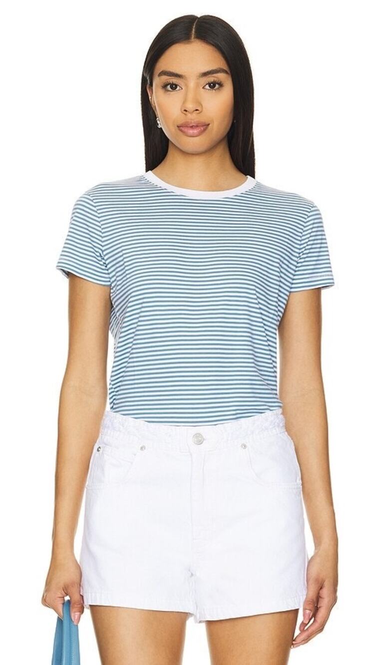 FRAME 100% cotton fitted crewneck baby tee in sky blue white stripes SMALL